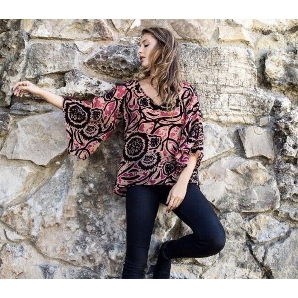 Lavender Brown Nwt Velvet Burnout Flutter Sleeve Boho Blouse fall casual top